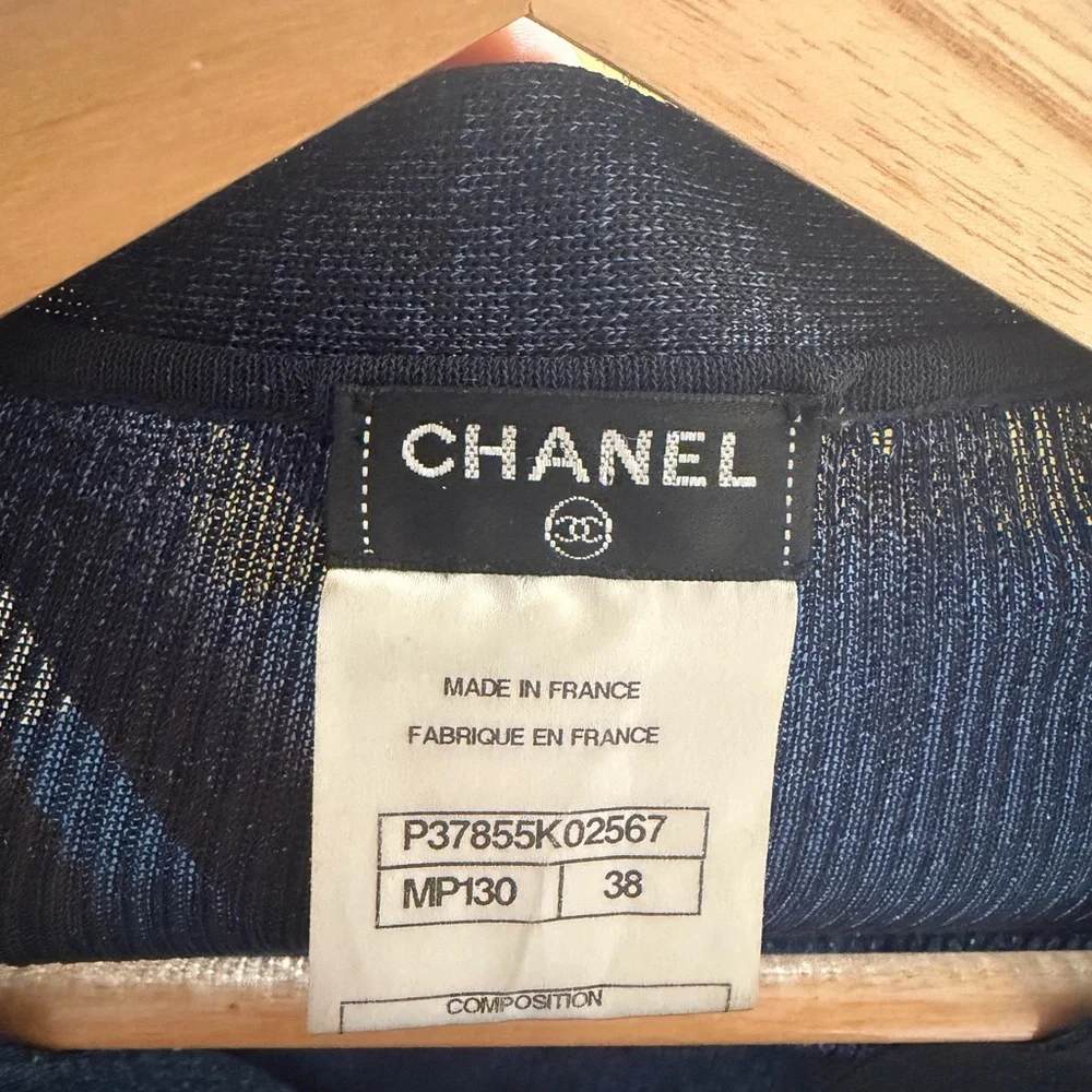 CHANEL womens Navy and Dark metallic Blue Striped V-Neck Cardigan